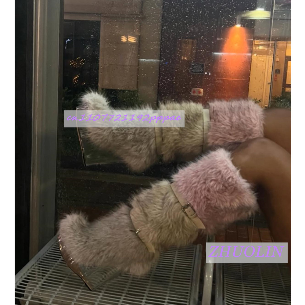 Street Fashion Trends - Botas de cuña transparentes peludas con